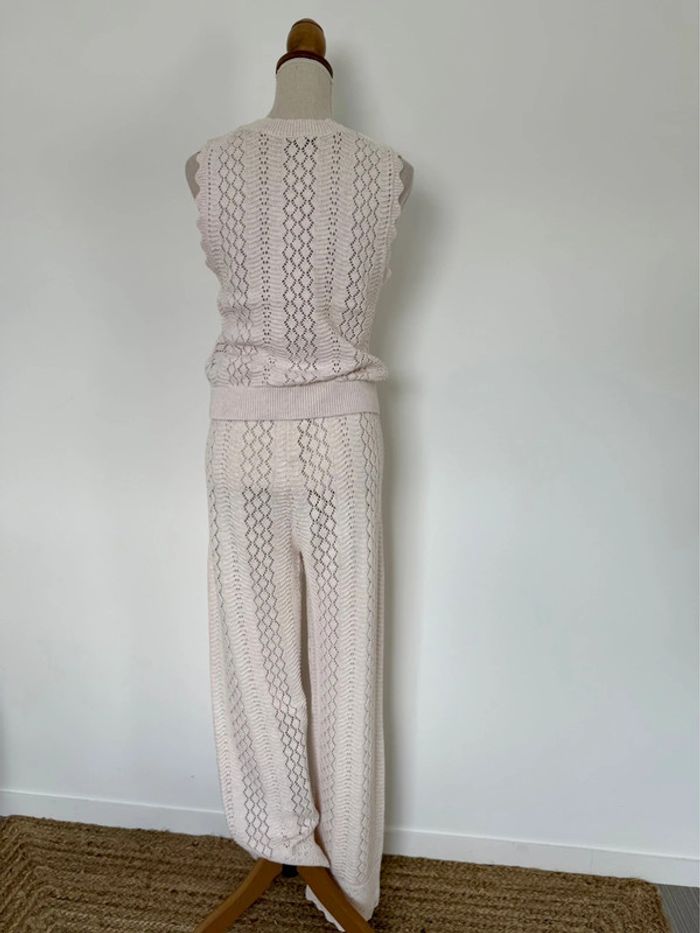 Ensemble maille tricot beige broderie pantalon top sans manches beige crème été - photo numéro 4