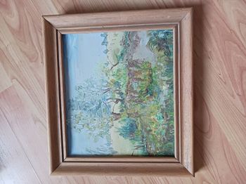 tableau cadre bois clair brut peinture à l'huile 36,5 x 33 cm