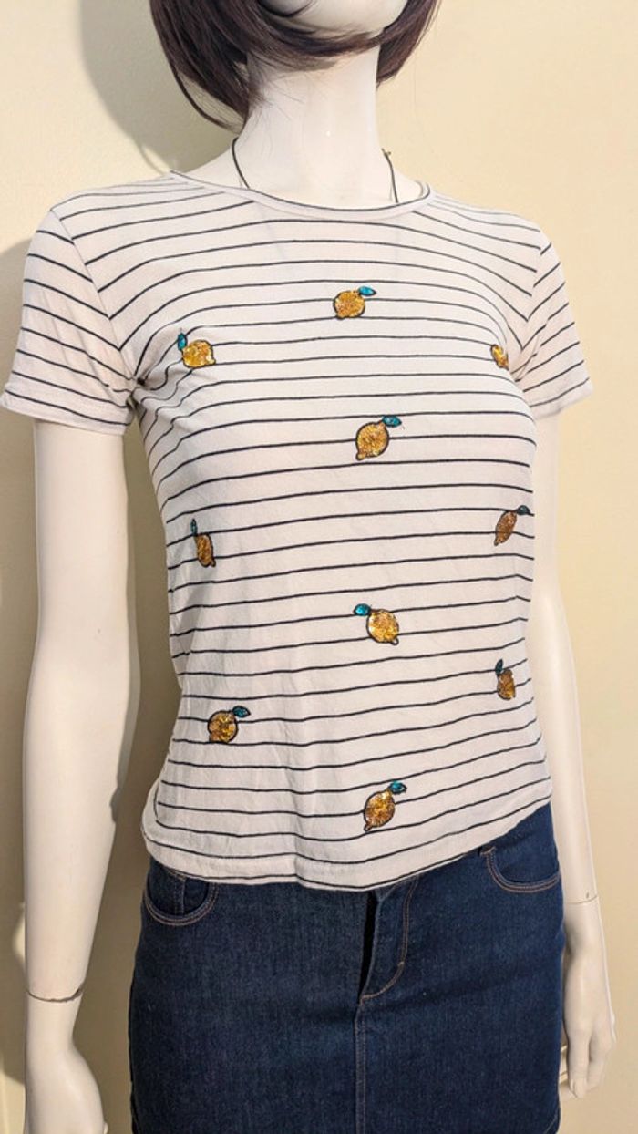T-shirt blanc rayé motif citron pailleté