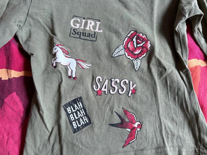 Tee shirt manches longues kaki licorne oiseau rose 24 mois / 3 ans young dimension - photo numéro 2
