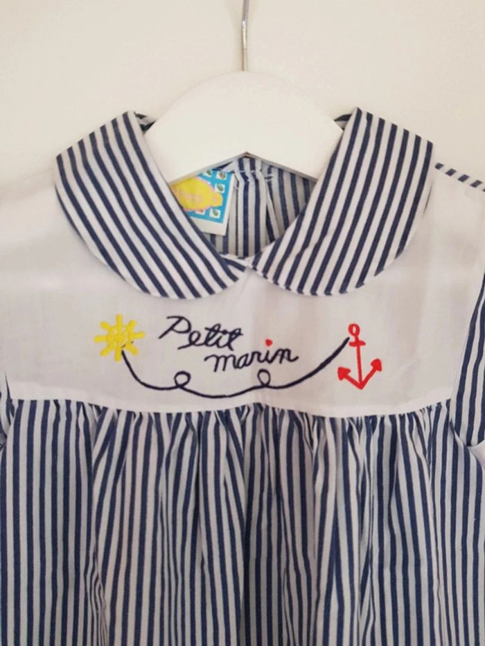 Jolie petite robe marinière blanche et bleu "petit marin" 80 cm - photo numéro 2