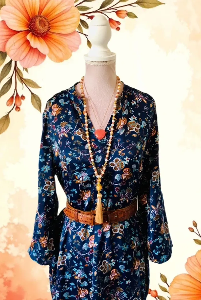 💐Tunique vintage bohème fleurie Goa S/36 Boho hippie chic floral silky Tunic💐