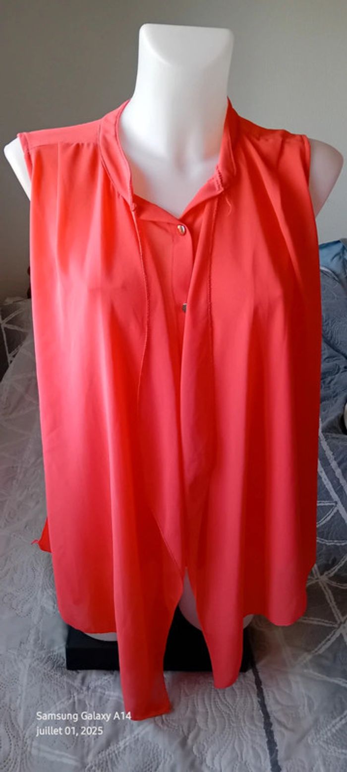 Blouse en voile sans manches assymetrique effet superposé corail femme xl made in italy - photo numéro 3