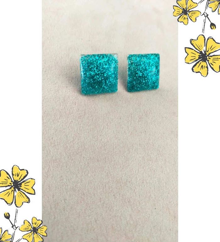 Boucles d'oreilles carrées turquoise pailletées – Fait main - Collection : Brume Bleue - photo numéro 2