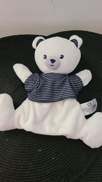 Ours SIMBA KIABI Nicotoy doudou marionnette plat bleu marine et blanc