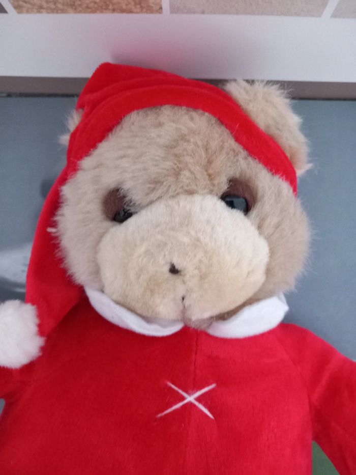 Peluche vintage ours damart rouge avec son bonnet 37cm - photo numéro 4