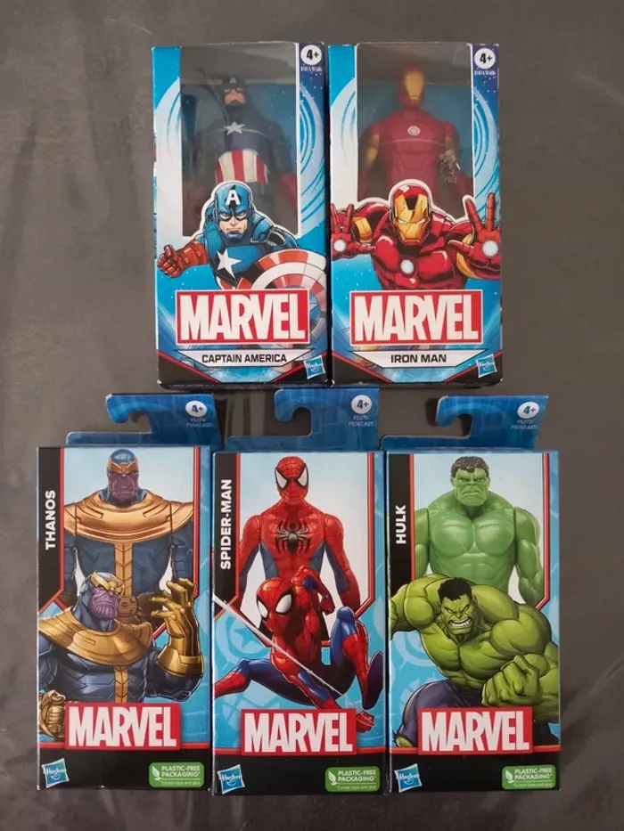 Lot 5 figurines Marvel Hulk Iron Man Spider-Man Thanos Captain America neuves