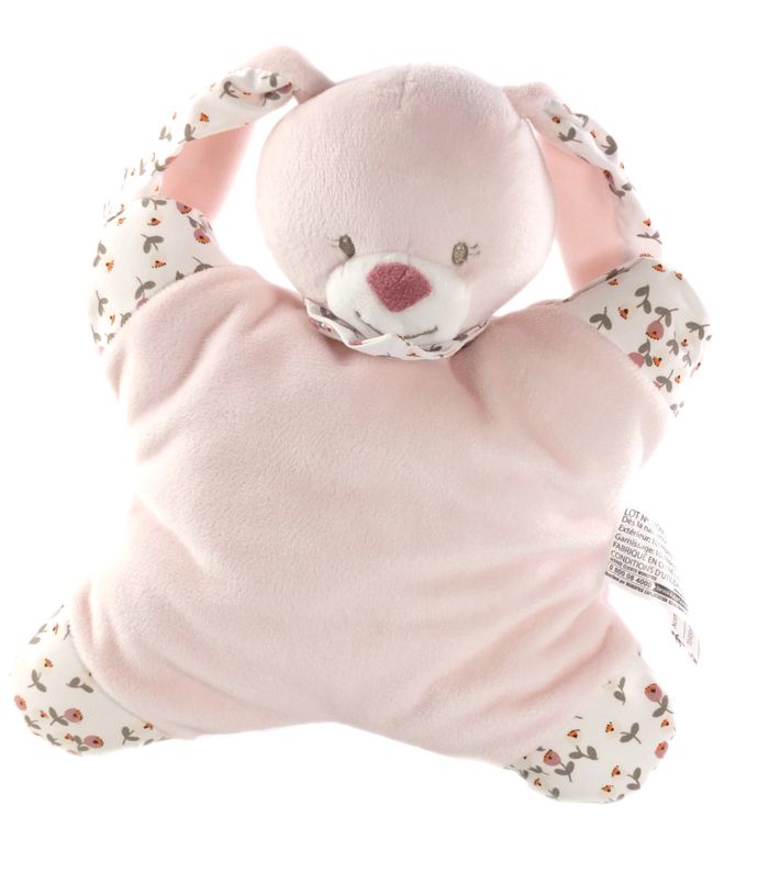 Doudou semi plat coussin lapin rose fleuri Grelot Monoprix Bout'chou