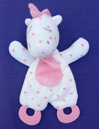 Doudou plat licorne -rose et blanc - coeurs - bruit papiers froissés ' dentition