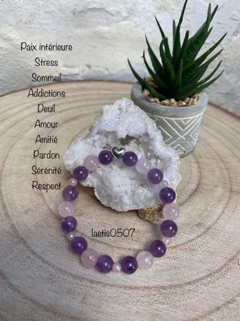 Bracelet en améthyste , quartz rose et cœur , lithothérapie