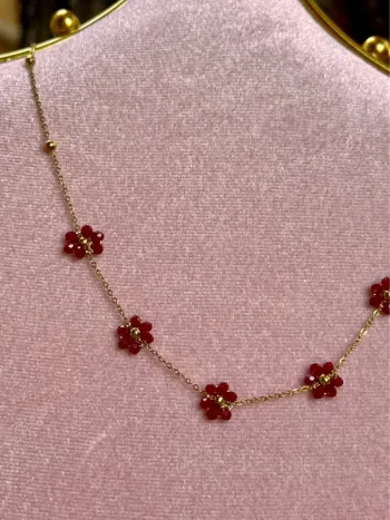 Collier chaîne avec boules réglable acier inoxydable or fleurs perles rouges