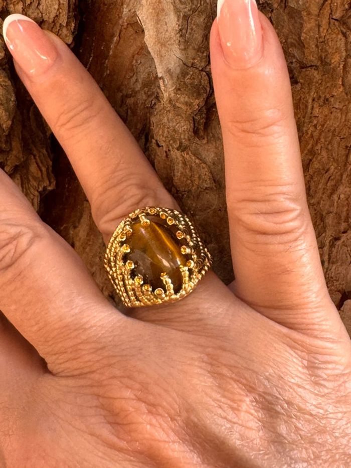 Bague réglable acier inoxydable or pierre couleur œil de tigre cristaux mordorés habaha Paris - photo numéro 4
