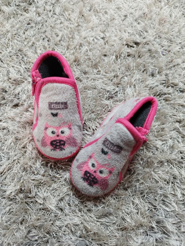 Chaussons bébé fille hibou rose et gris fermeture éclair pointure 18