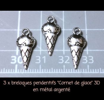3 x breloques pendentifs "Cornet de glace" 3D en métal argenté