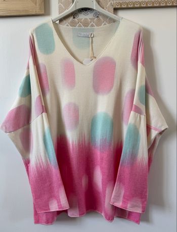 Très Beau Pull col V coloré tie dye rose & pastel - taille unique