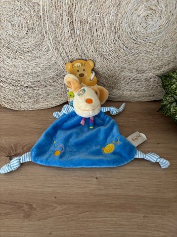 Neuf doudou plat chien bleu écharpe rayé baby nat’