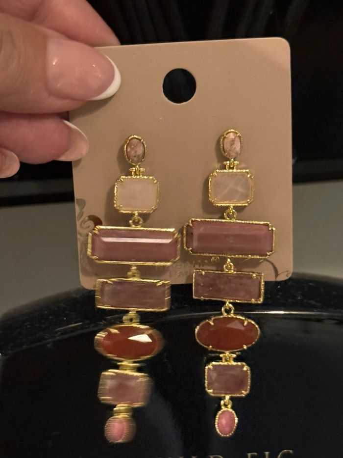 Grosses boucles d’oreilles acière inoxydable or habaha Paris quartz jade rose rhodhont - photo numéro 4