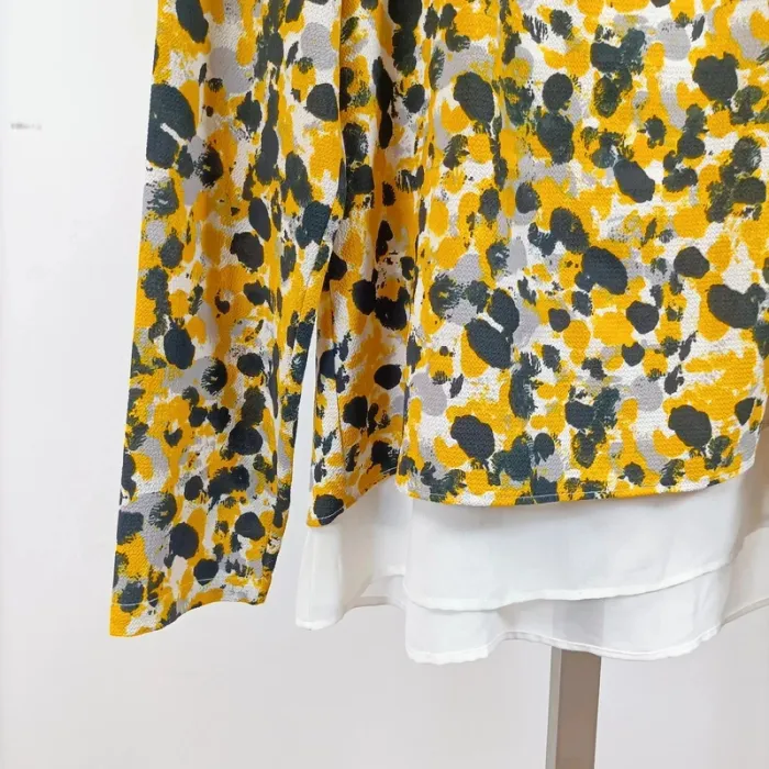 Blouse jaune fleurie débardeur superposé – manches longues, dos ouvert, M A1070 - photo numéro 5