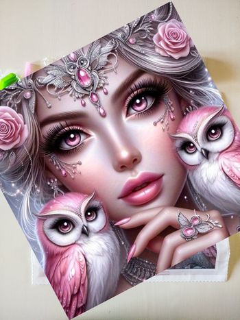 Diamond painting femme au style fantastique avec yeux rose et chouette rose #N194