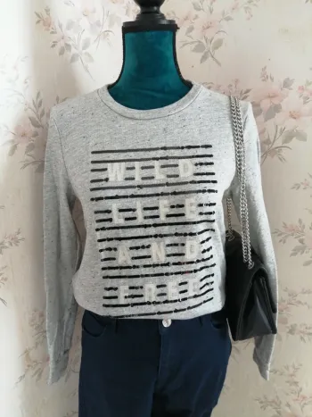 Sweat gris à message wild life and free et sequins noirs / kiabi / (M)