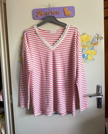Pull marinière rose et blanc avec dentelle au col, taille unique, Made in Italy 