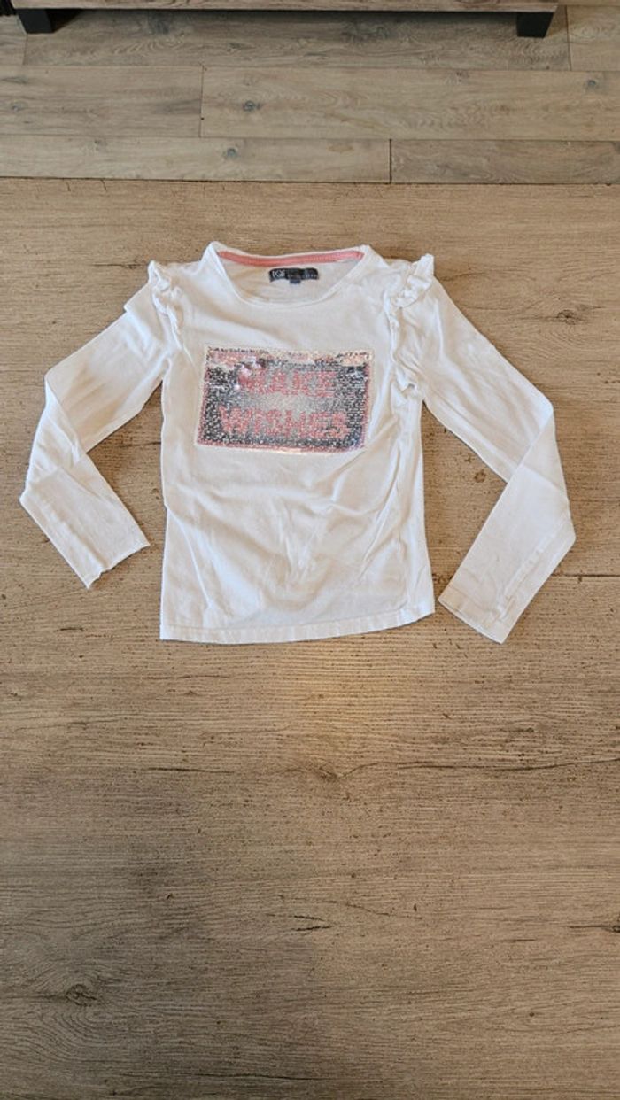 T shirt blanc à manches longues, à sequins, TQF Collection, 6 ans, nickel