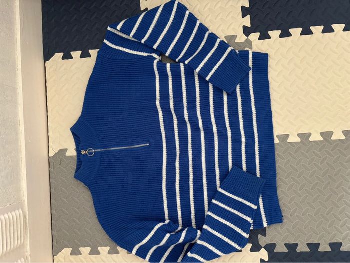 Pull à rayures zippé bleu azur - photo numéro 2