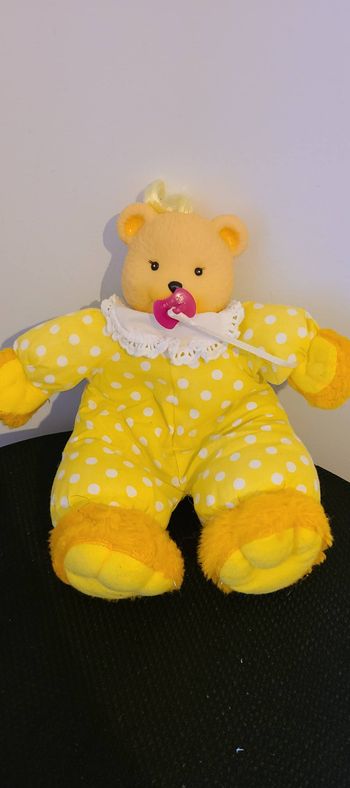 vintage peluche chiffon ours tête caoutchouc tétine rouge combi jaune pois