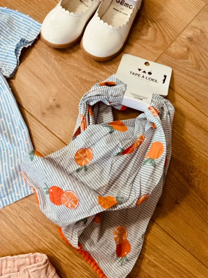 Taille 5 ans tenue 3 pièces été fille multimarque bleu ciel abricot * rayures et oranges * 🌸 - photo numéro 6