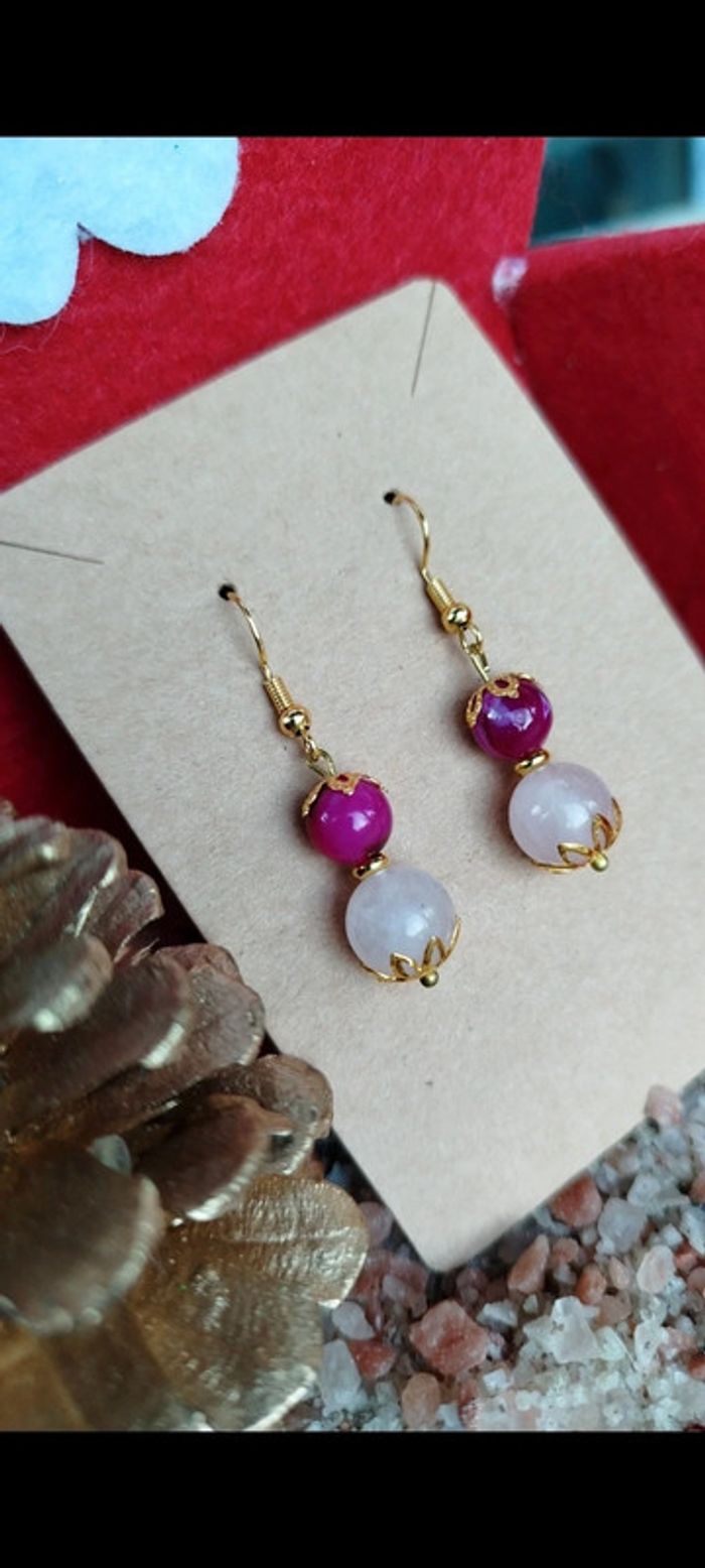 Boucles d'oreilles Agate Fushia/Quartz Rose. - photo numéro 5