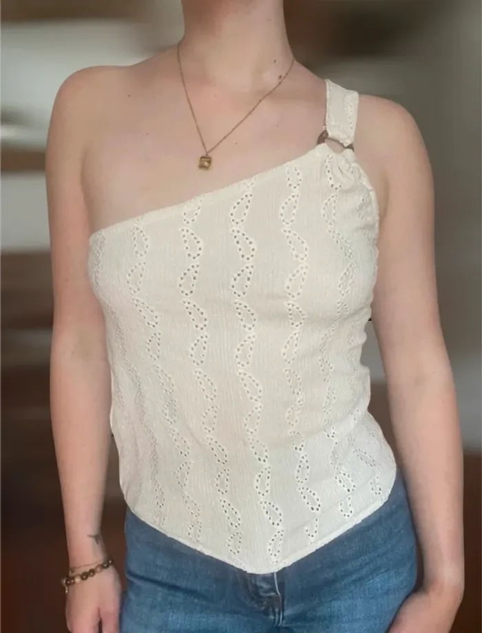 Tee shirt haut top asymétrique crème anneau marron ajourée style bohème - photo numéro 2