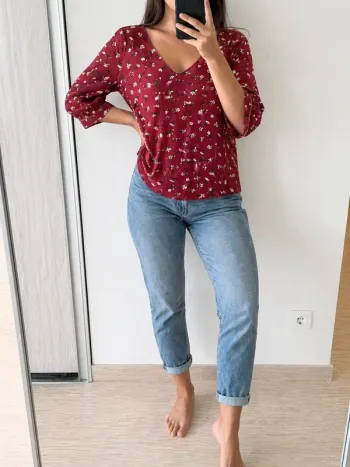 🌸 Haut fleuri rouge manches 3/4 - style casual chic - Taille S - Y'coo