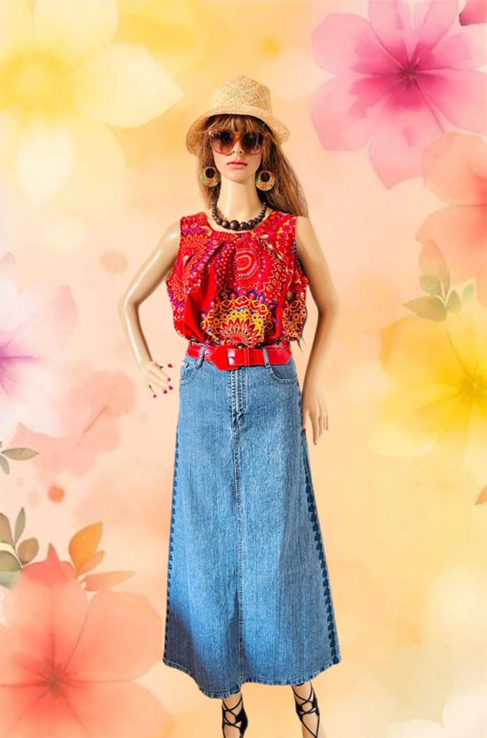 💙🌿Jupe en jean longue brodée bohème vintage 2000 long embroidered denim boho skirt🌿💙 - photo numéro 2