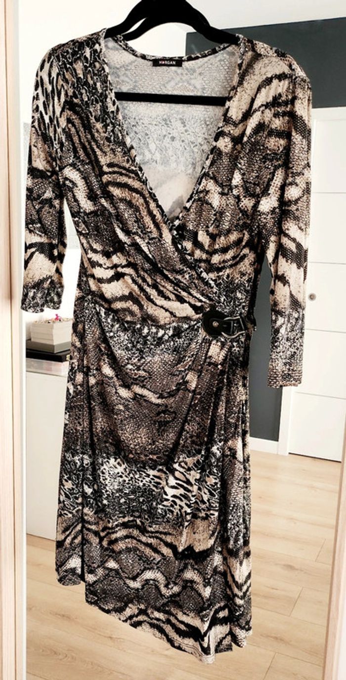 Robe cache-coeur manches 3/4 serpent marron noir beige taille M Morgan
