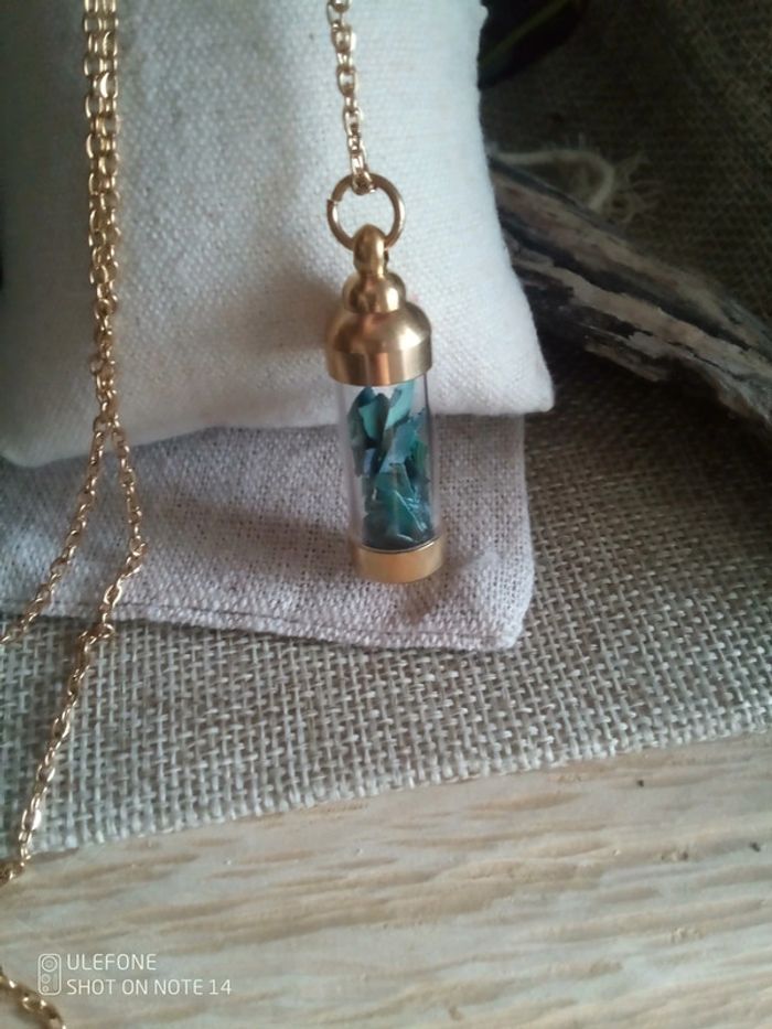 Pendentif coquilles d'ormeaux dans tube en verre et acier inoxydable