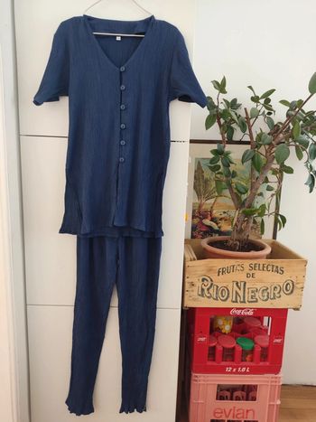 Ensemble bleu foncé effet froissé chemise longue, pantalon taille élastique taille 36-38