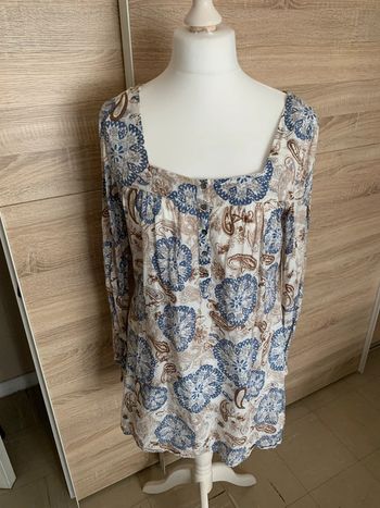 Robe tunique fleurs marrons bleu crème L