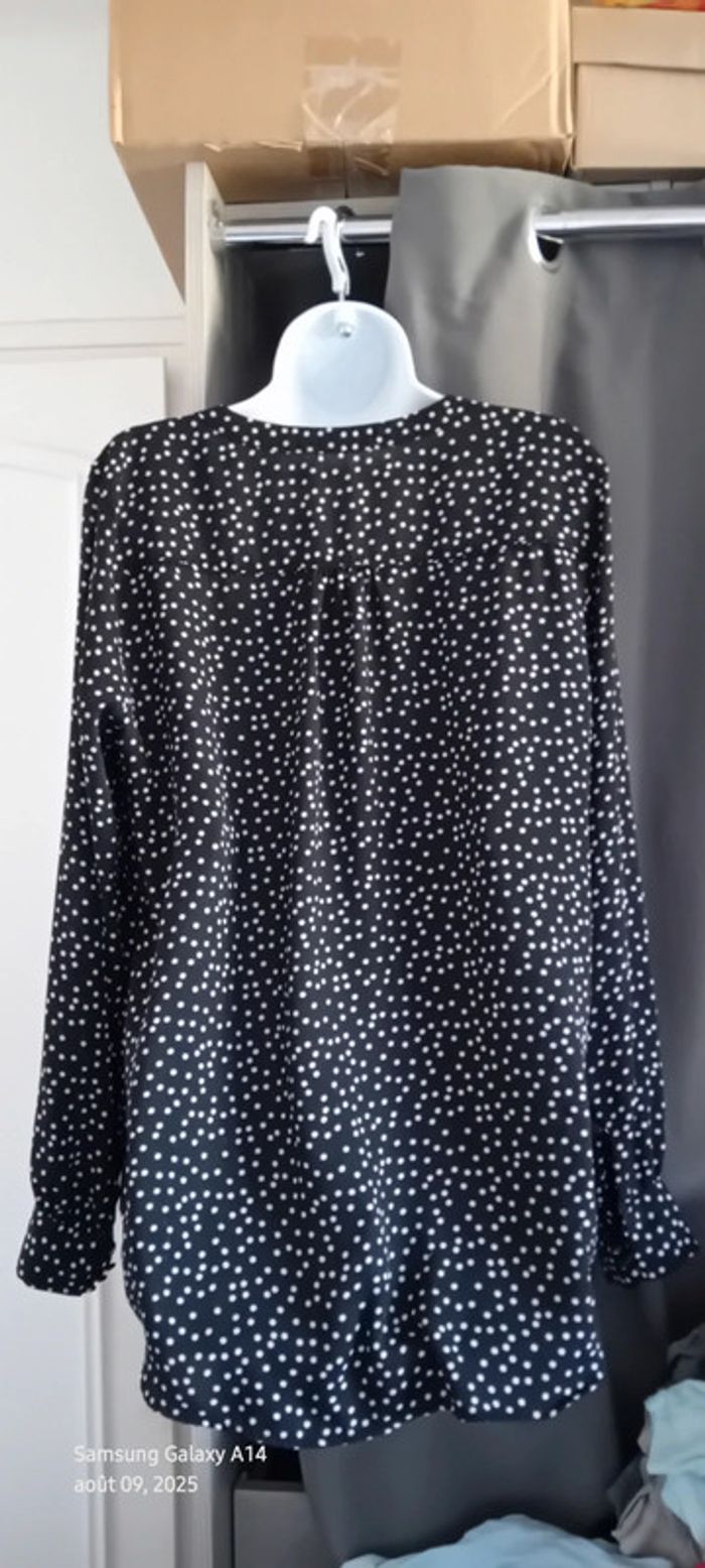 Blouse longue fluide col V manches longues à pois noir et blanc femme XL - photo numéro 2