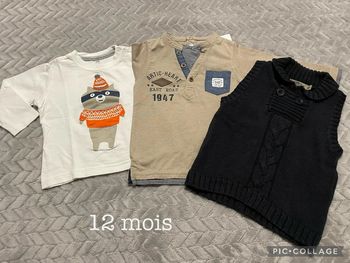 Lot Tshirts manches longues + pull sans manche 12 mois