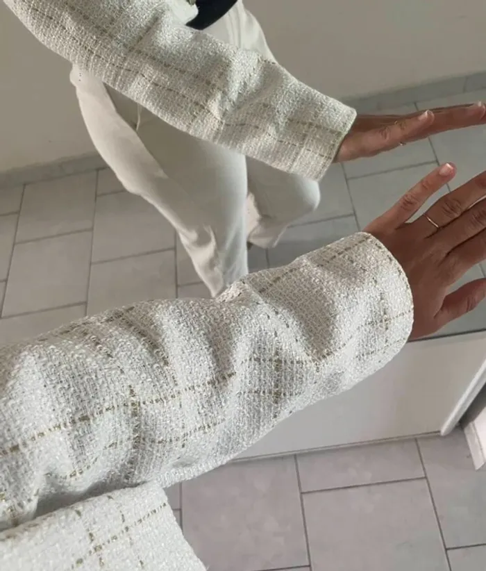 Veste Femme Tweed Carreaux Blanc Doré - Taille S Neuve Chic Printemps - photo numéro 4