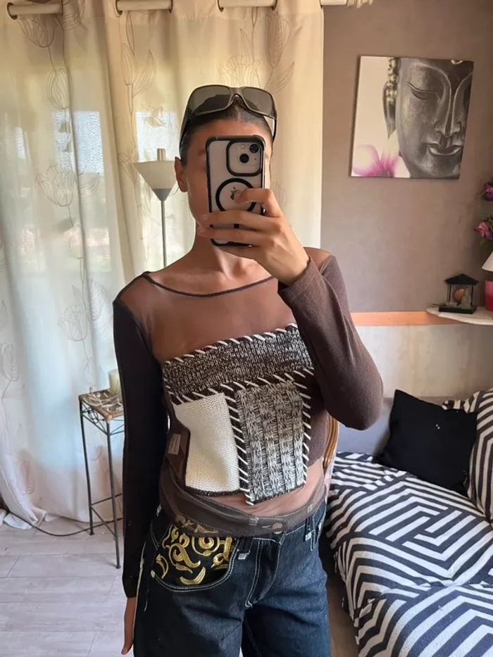 Top laine mesh bi matière asymétrique grunge y2k 2000yer - photo numéro 4