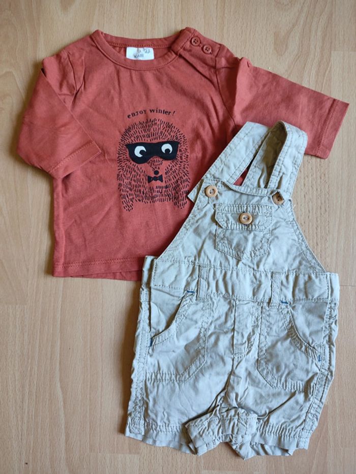 Lot tenue Neuve salopette courte + t-shirt manches longues Kiabi en 1M