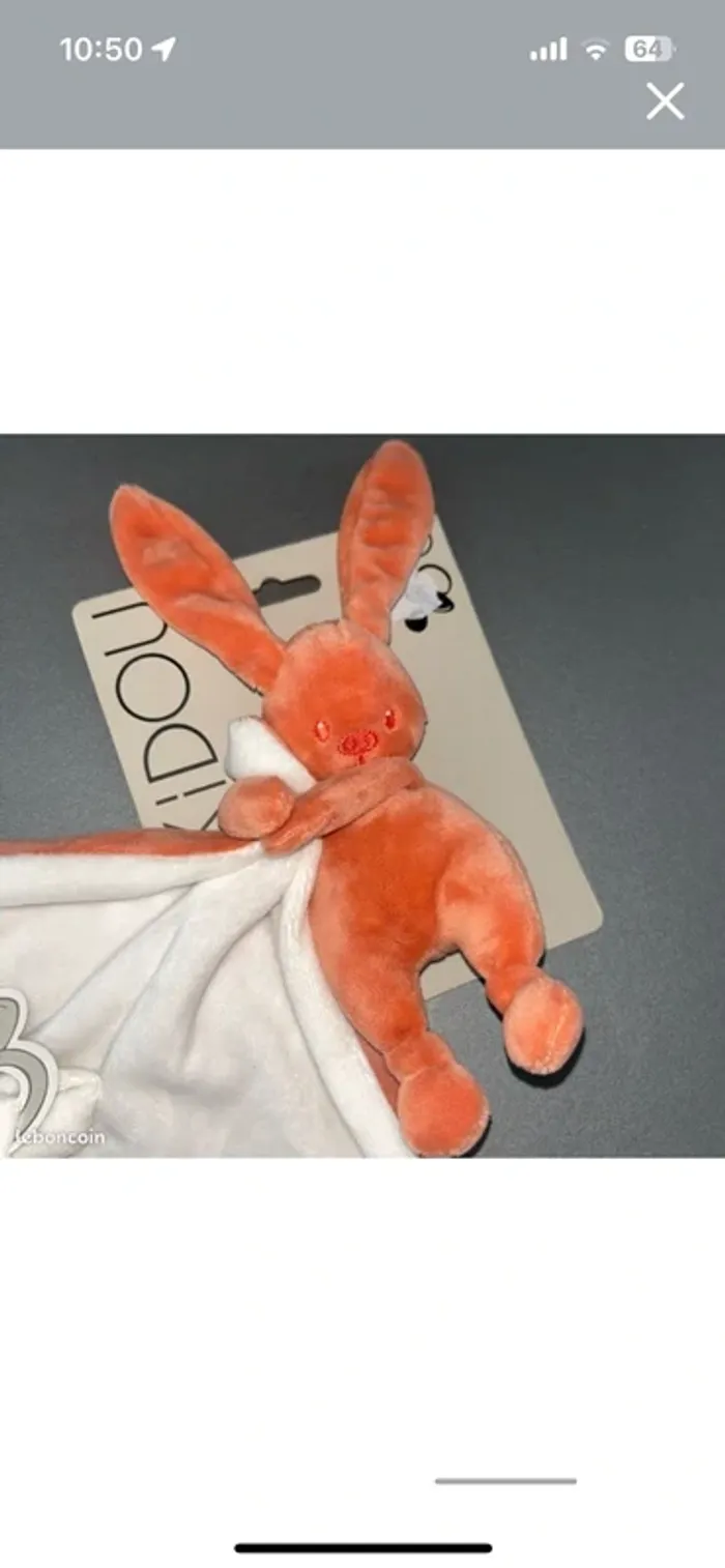 Doudou plat Couverture Lapin Lapidou Corail Orange Blanc Doukidou Neuf - photo numéro 4