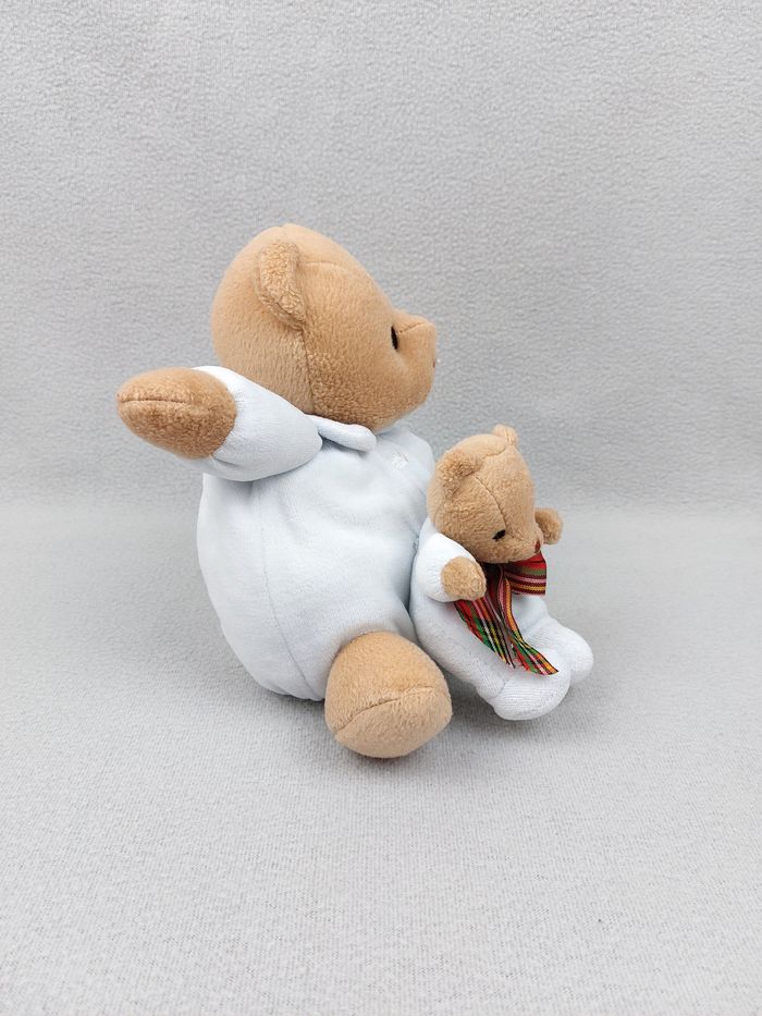 Doudou peluche ours boule et son bébé TUC TUC 23 cm marron bleu nœud rayé - photo numéro 2