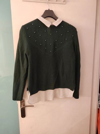 Pull 2 en 1 vert et blanc avec perles t. L Gemo