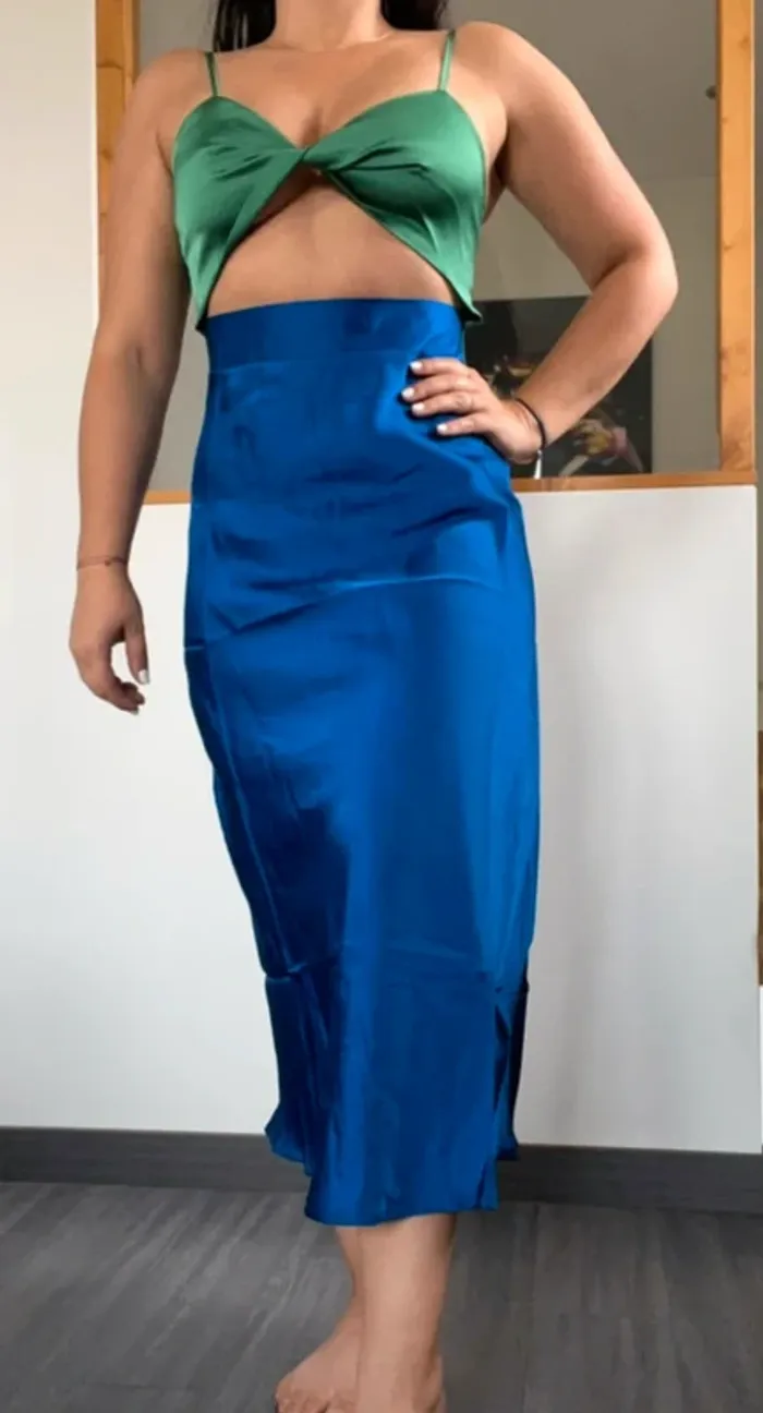 Robe bleu et verte colorblock sexy soie soirée mariage
