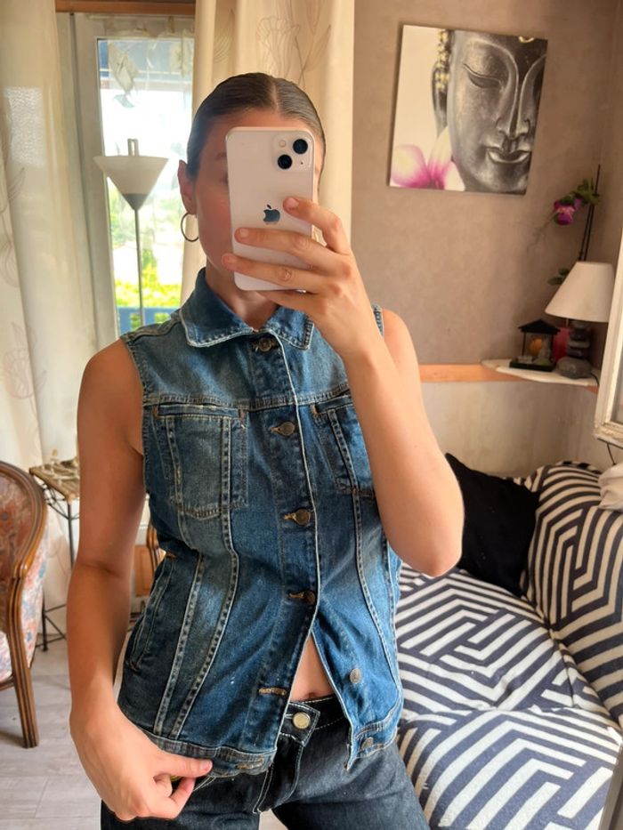 Top Jean veste y2k sans manches bohème champêtre country western Santiags denim - photo numéro 4