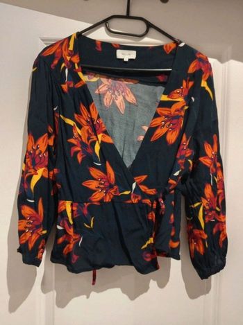 🌸 Blouse cache coeur péplum Grace & Mila bleu marine imprimé fleuri taille L en viscose et rayon