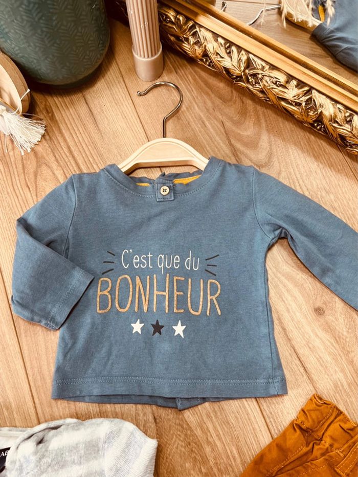 Taille 1 mois ensemble 3 pièces garçon Kiabi bleu gris et camel * bonheur * 💙 - photo numéro 2