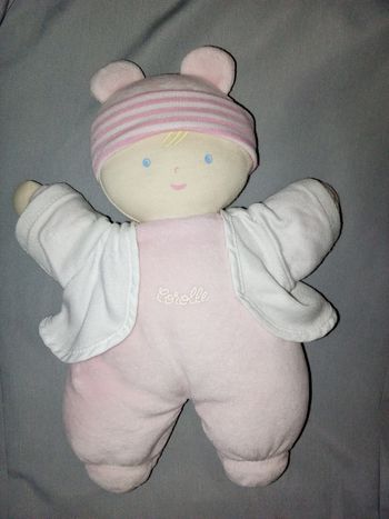 doudou Corolle rose de 1998 poupée chiffon tissu velours ras rayure rayé nref 0170 28 cm 12" absence col d'occasion vendu comme sur les photos
